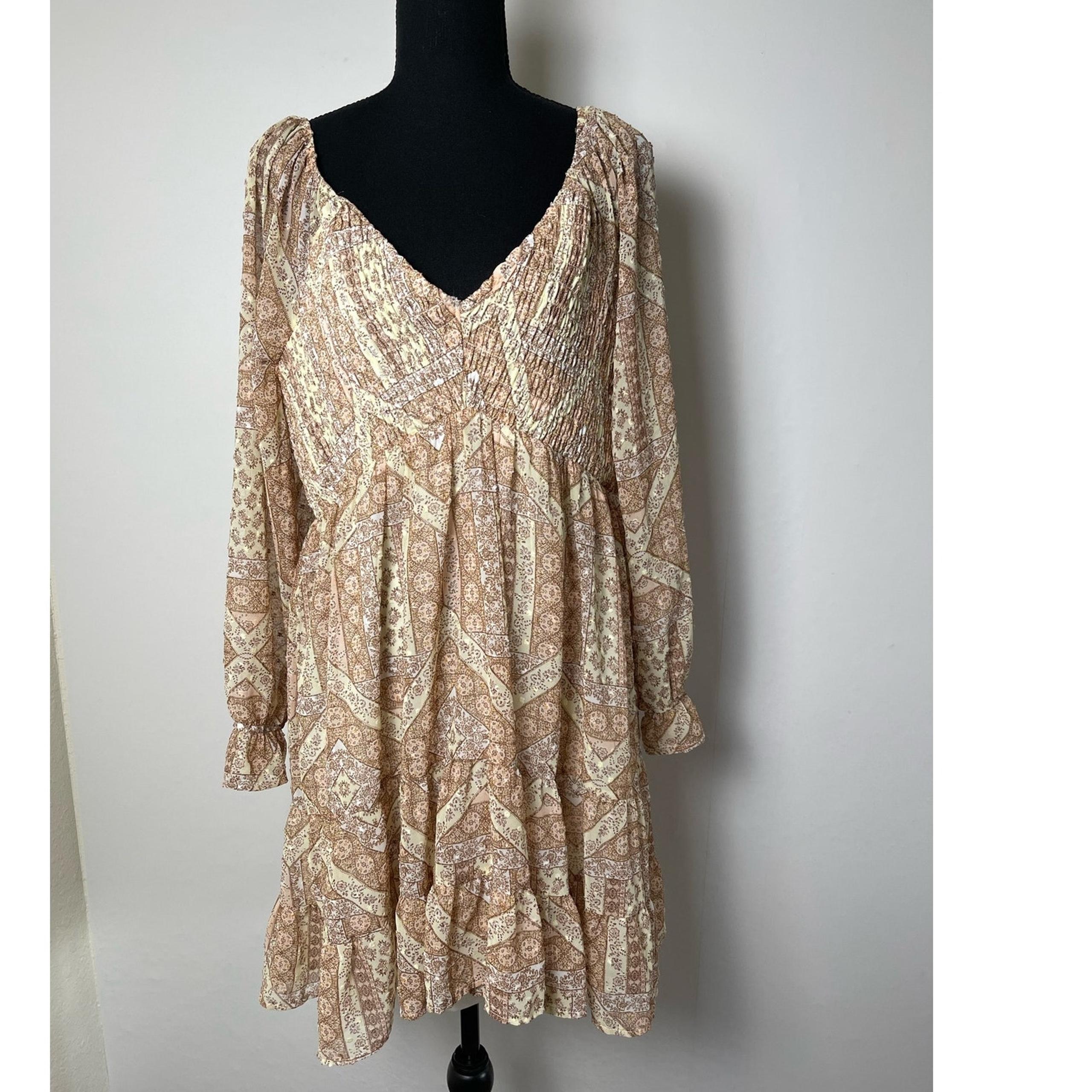 Ultra Flirt Women's Tribal Bohemain Babydoll Sheer Lined Short Dress Beige 1X