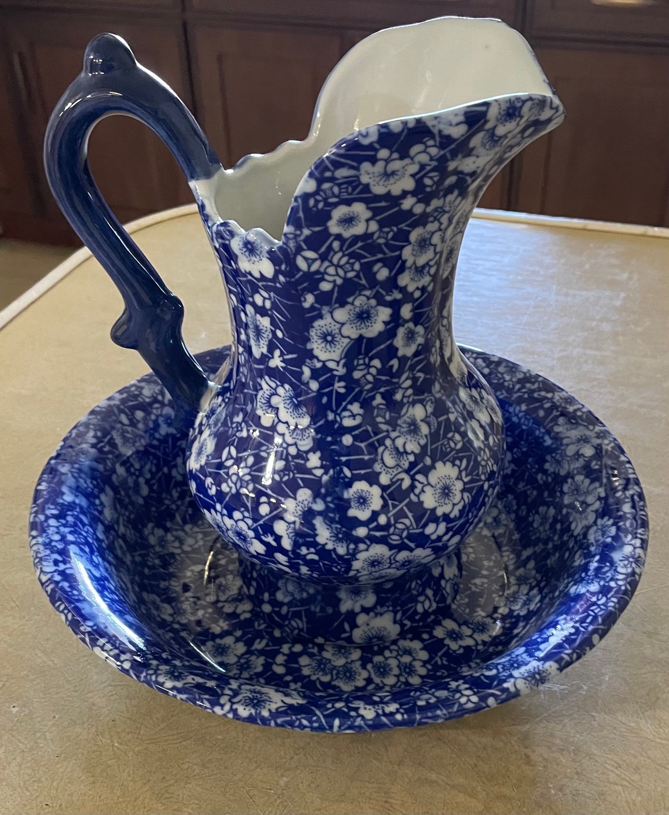 Victoria Ware Ironstone Pitcher and Basin Blue Cobalt Floral