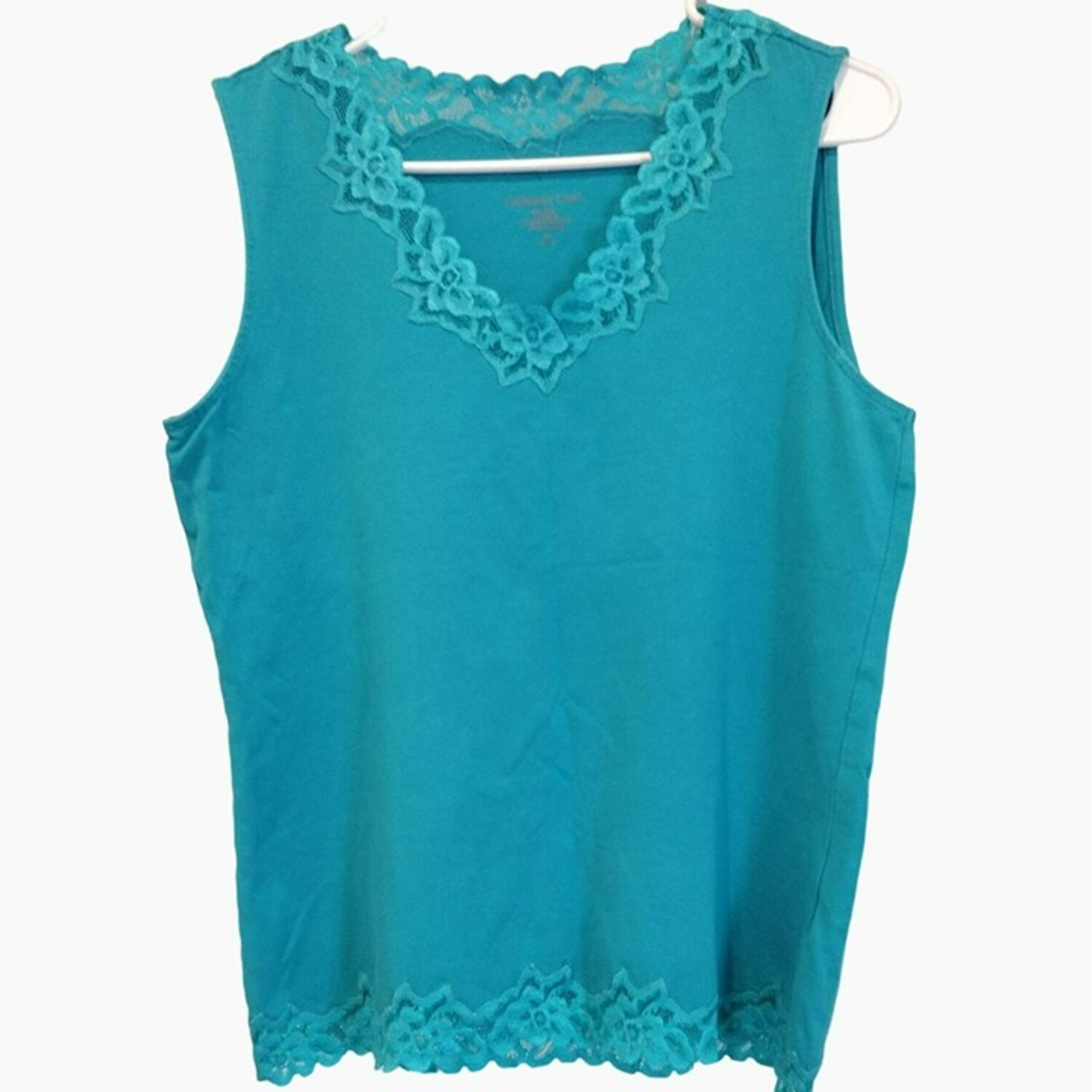 Coldwater Creek Womens Sleeveless Lace Trim Tank Top Teal Cotton Spandex Size M