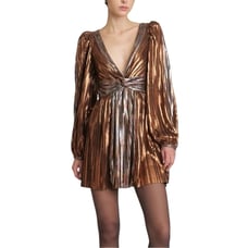 NWOT Sabina Musayev Wendy Metallic Pleated Long Sleeve Mini Dress XS in Bronze
