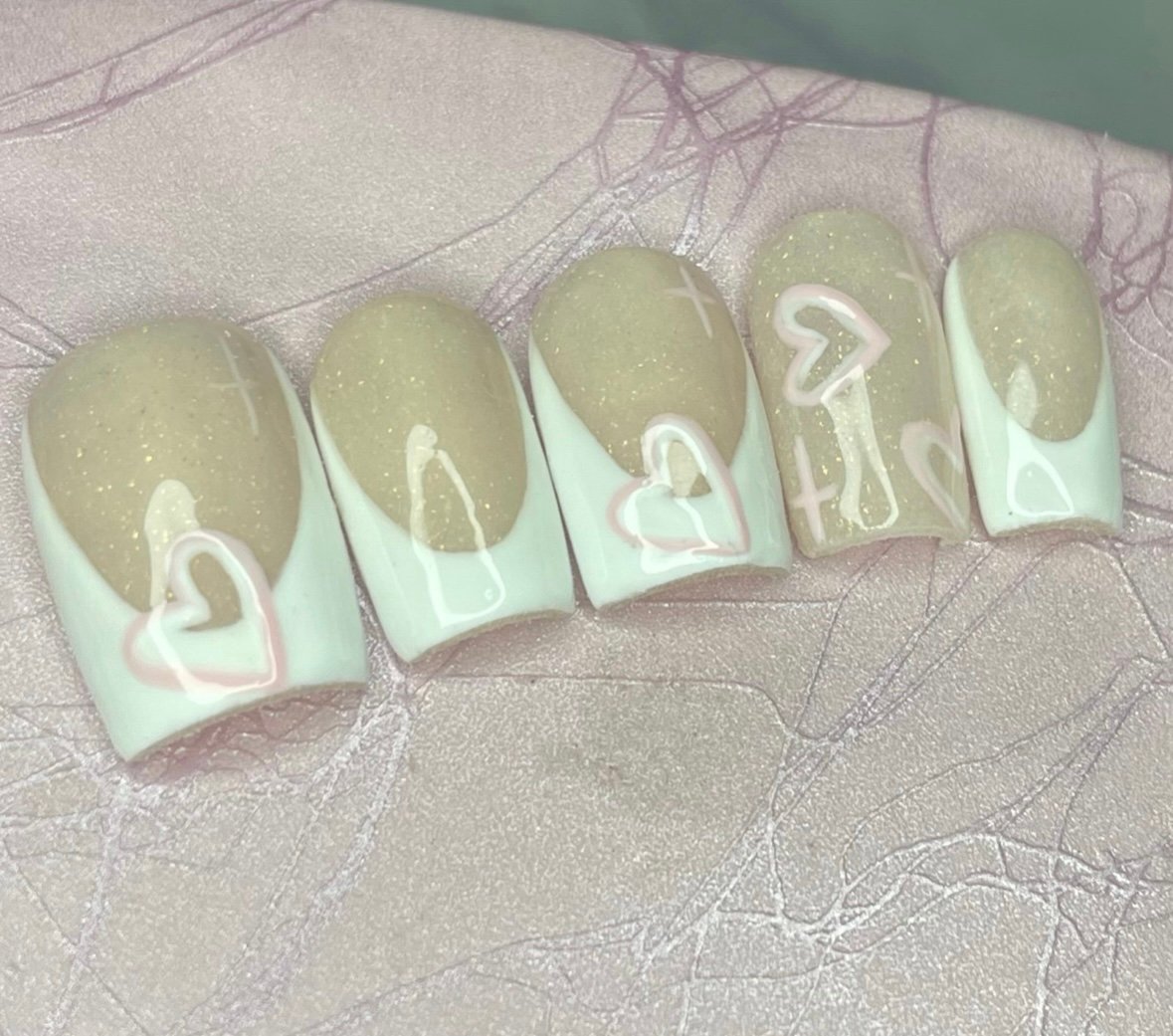 Short square press on nails white French tip pink hearts nude glitter handmade