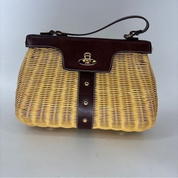 Etienne Aigner Brown and Tan hand Bag with Woven Wicker Texture with wallet