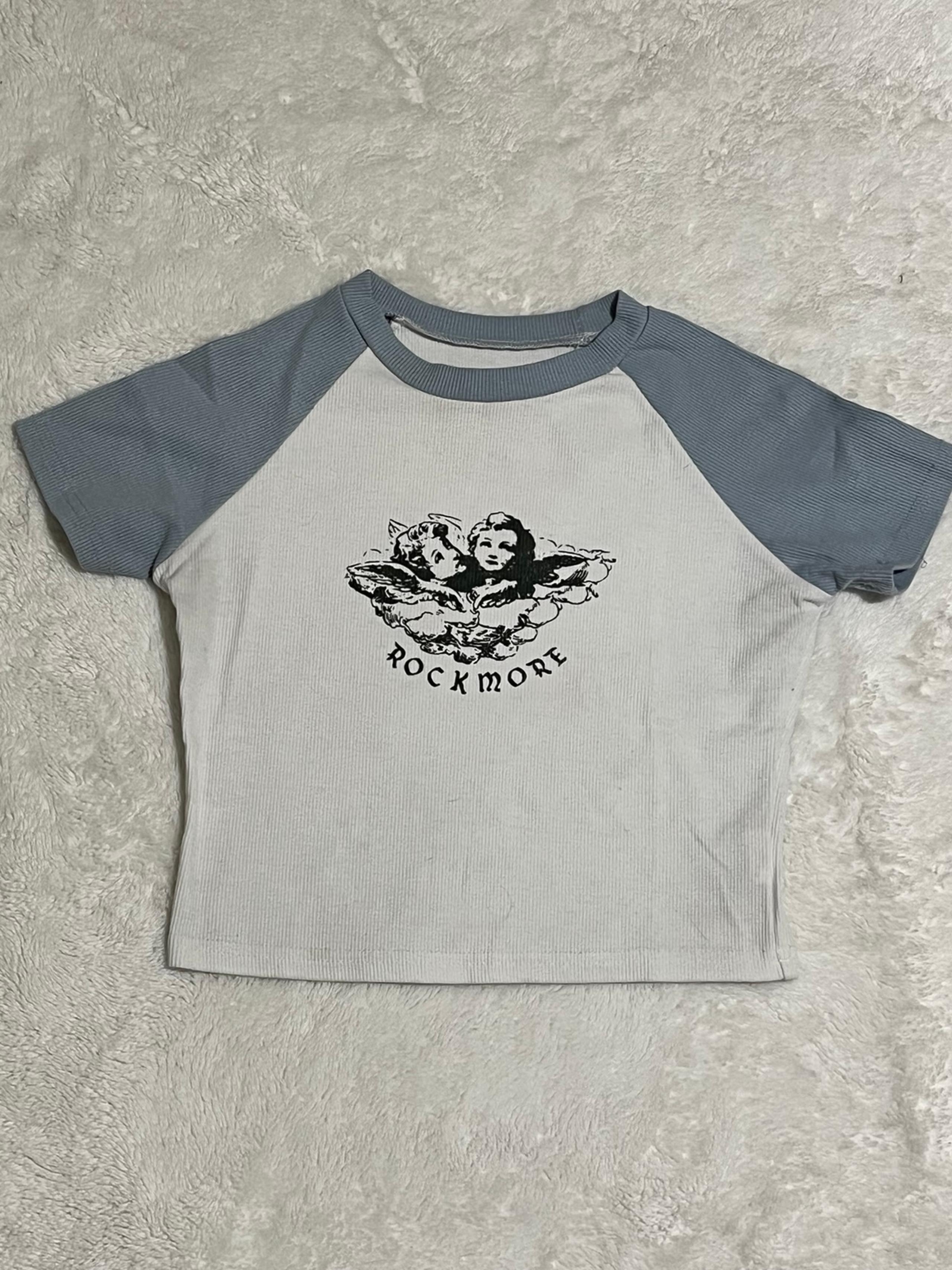 "Rockmore" Angel Graphic Ringer Tee - White & Blue Ribbed Short Sleeve T-Shirt