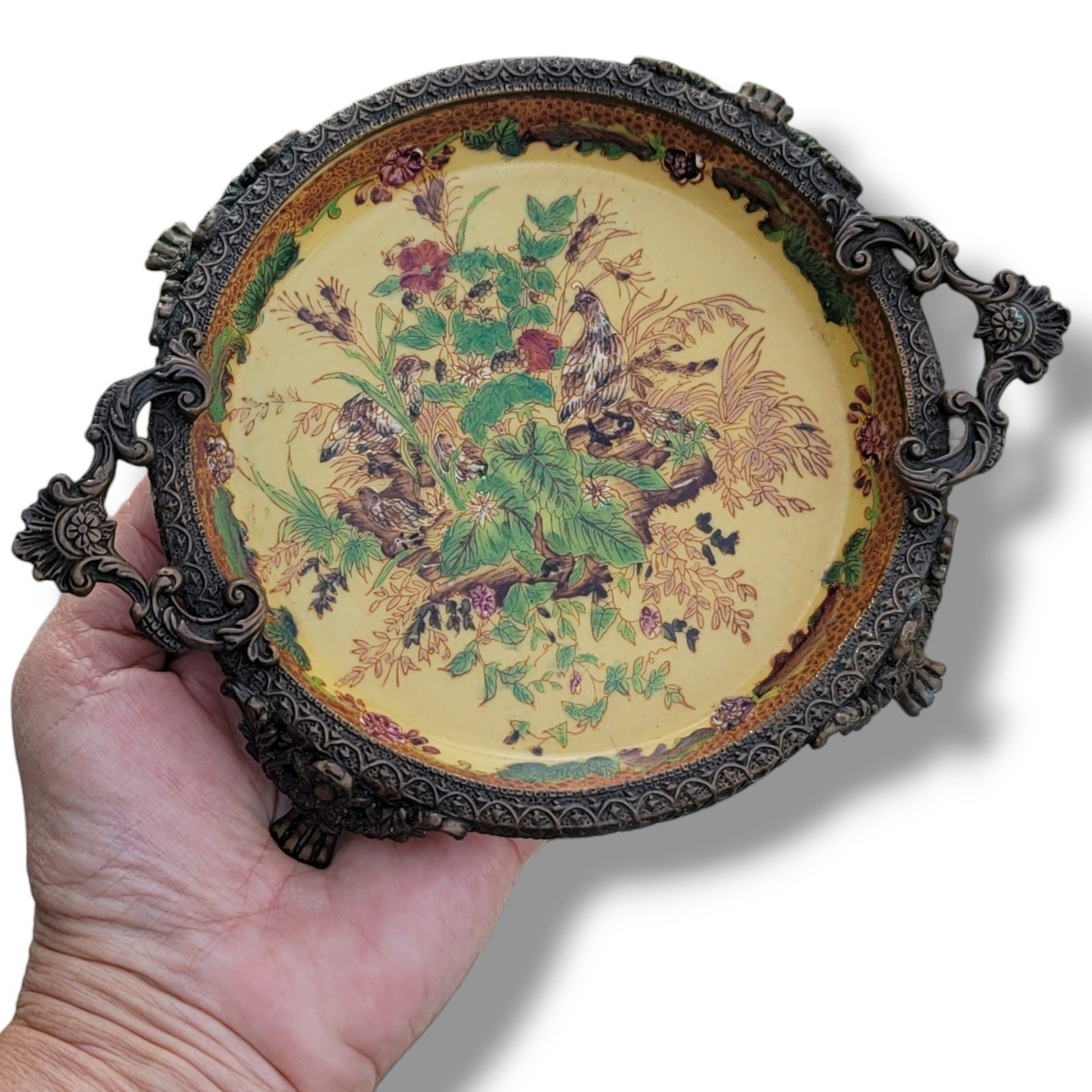 Vintage Hua Ping Tang Zhi Chinese Porcelain Bronze Footed Dish