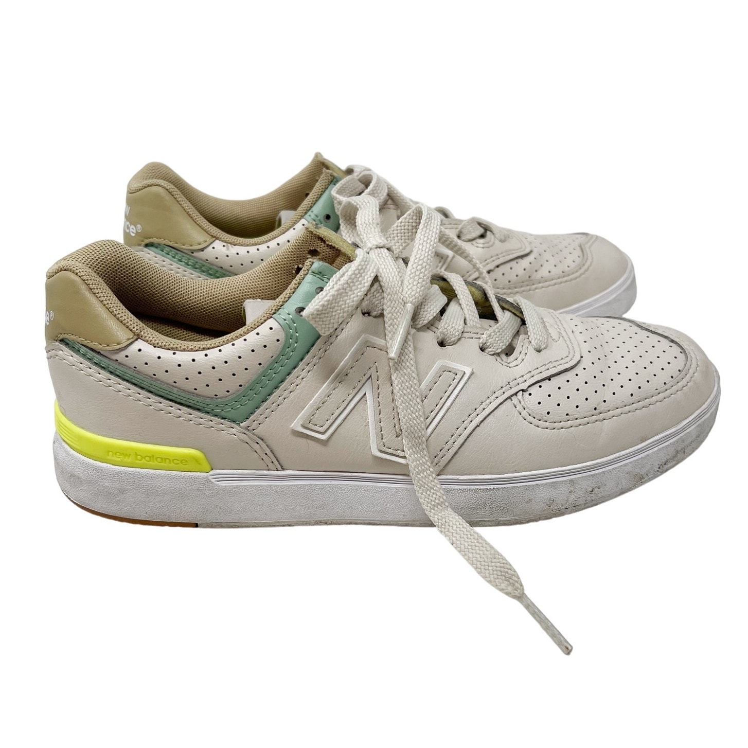 New Balance Mens 4.5 Womens 6 Grey Beige Yelllow CT 574 Court Sneaker Leather