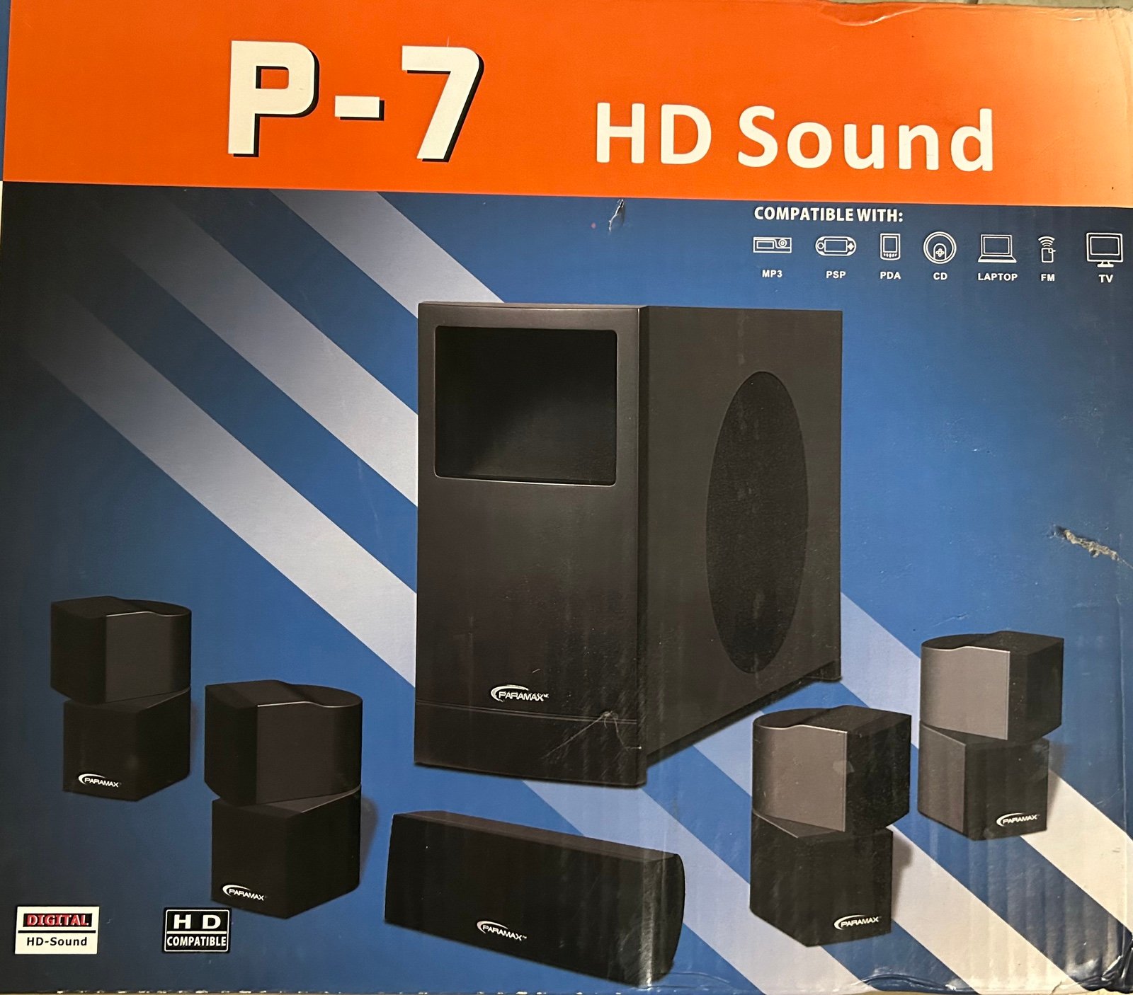 Paramax P-7 HD Sound, 6-Piece Home Theater Speaker System, Black NEW FREE SHIP!!