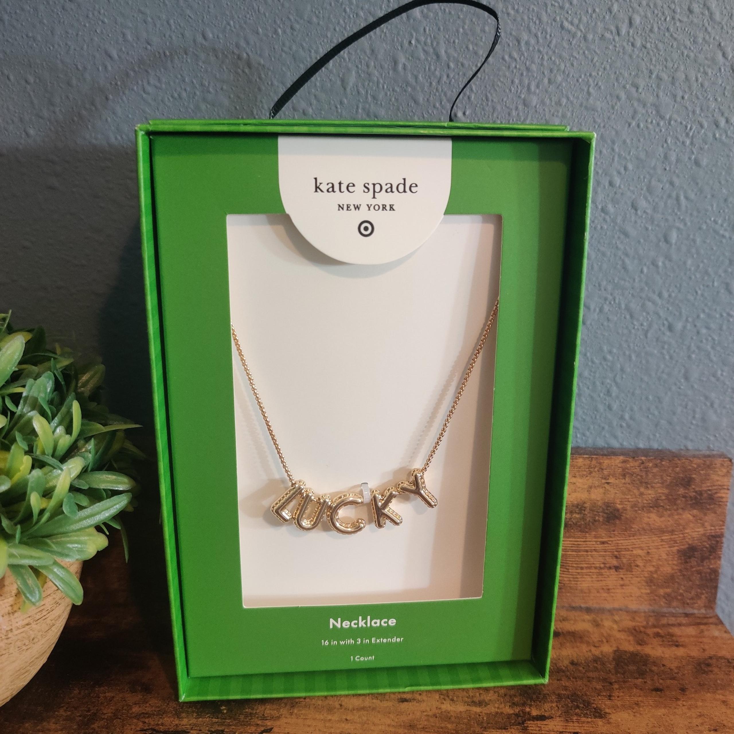 Kate Spade gold lucky necklace new in box target bubble balloon letters NWT