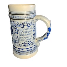 J.W. Remy Beer Stein Blue And White German Writing On Stein
