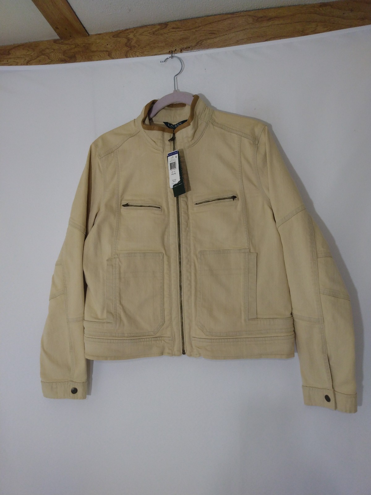 NWT Womens Lauren Ralph Lauren Desert Tan Denim Jacket Leather Trim Sz PXL