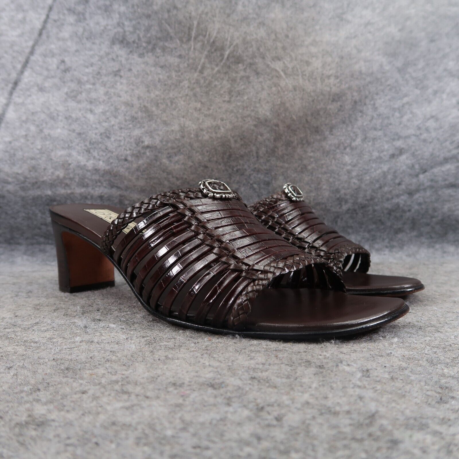 Brighton Shoes Womens 8.5 Sandals Block Heel Slide Woven Leather Flirty Classic