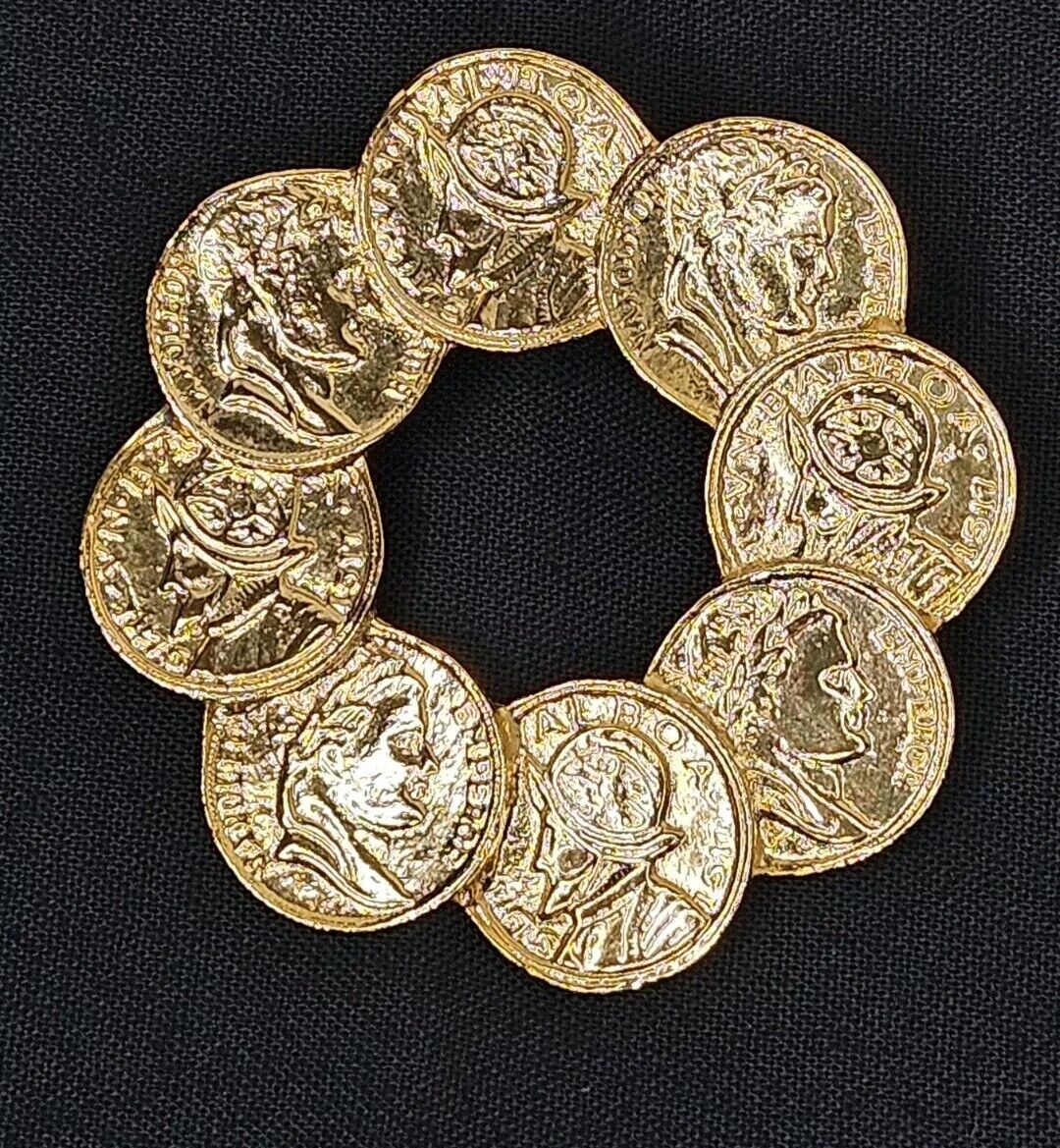Vintage Napoleon Coin Pin Brooch Gold Tone, Circle 1980s, Balboa, Emporer