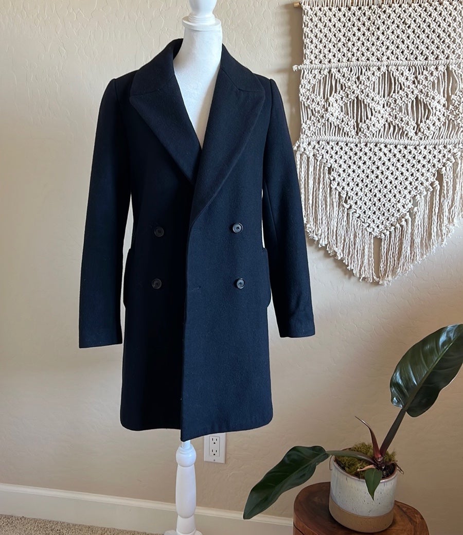 ZARA BASIC Double Breasted Wool Blend Long Pea Coat (US S)