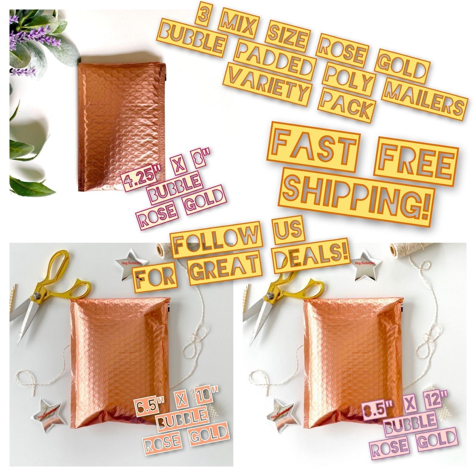 80 Mix Size Rose Gold Bubble Poly Mailer Bundle (4.25x8, 6.5x10 & 8.5x12)