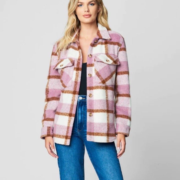 Blank NYC Voyager Plaid Shacket Size L Purple Brown Button Down