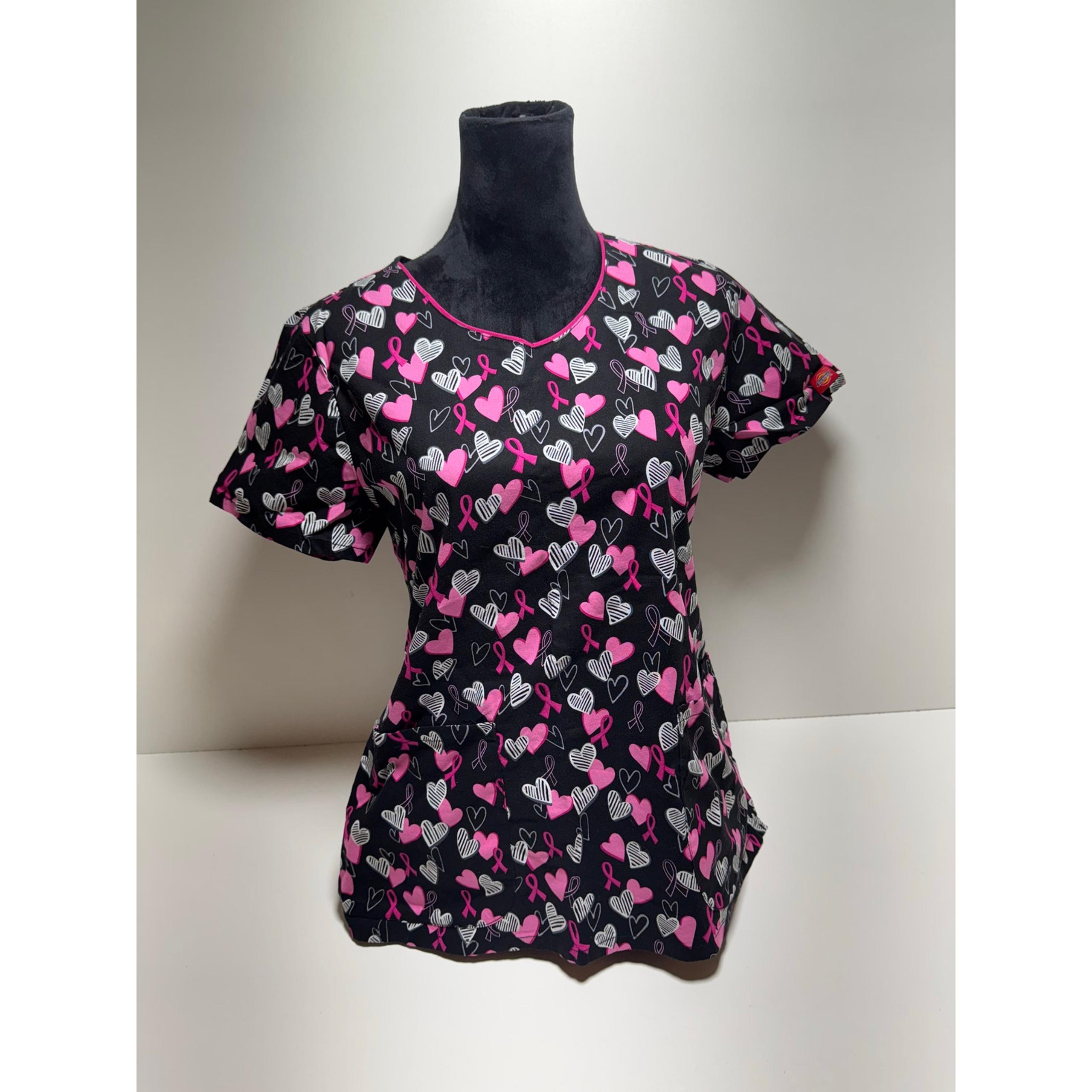 Dickies Black Red Pink Heart Breadt Cancer Awareness V Neck Scrub Top Sz M