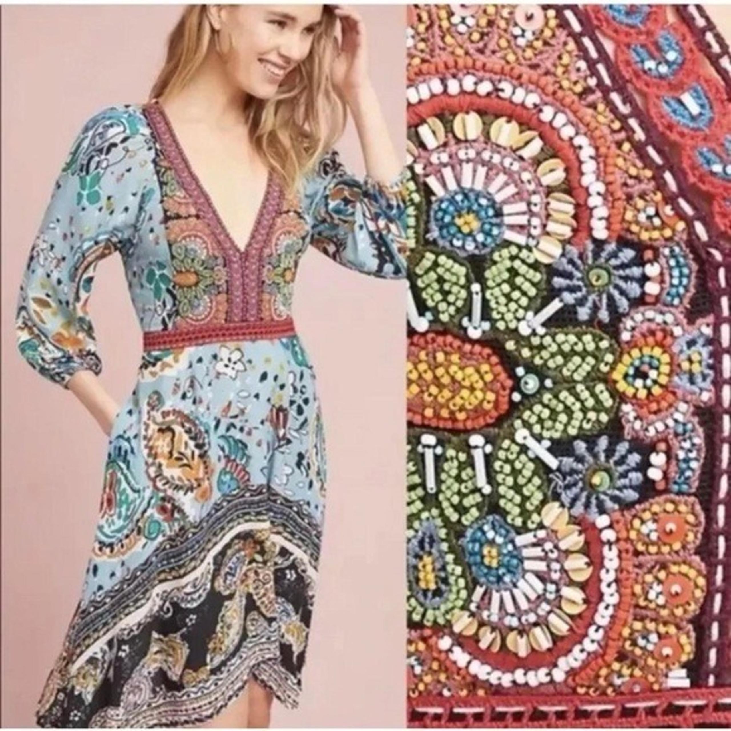 Anthropologie Akemi beaded Karmina blue printed dress