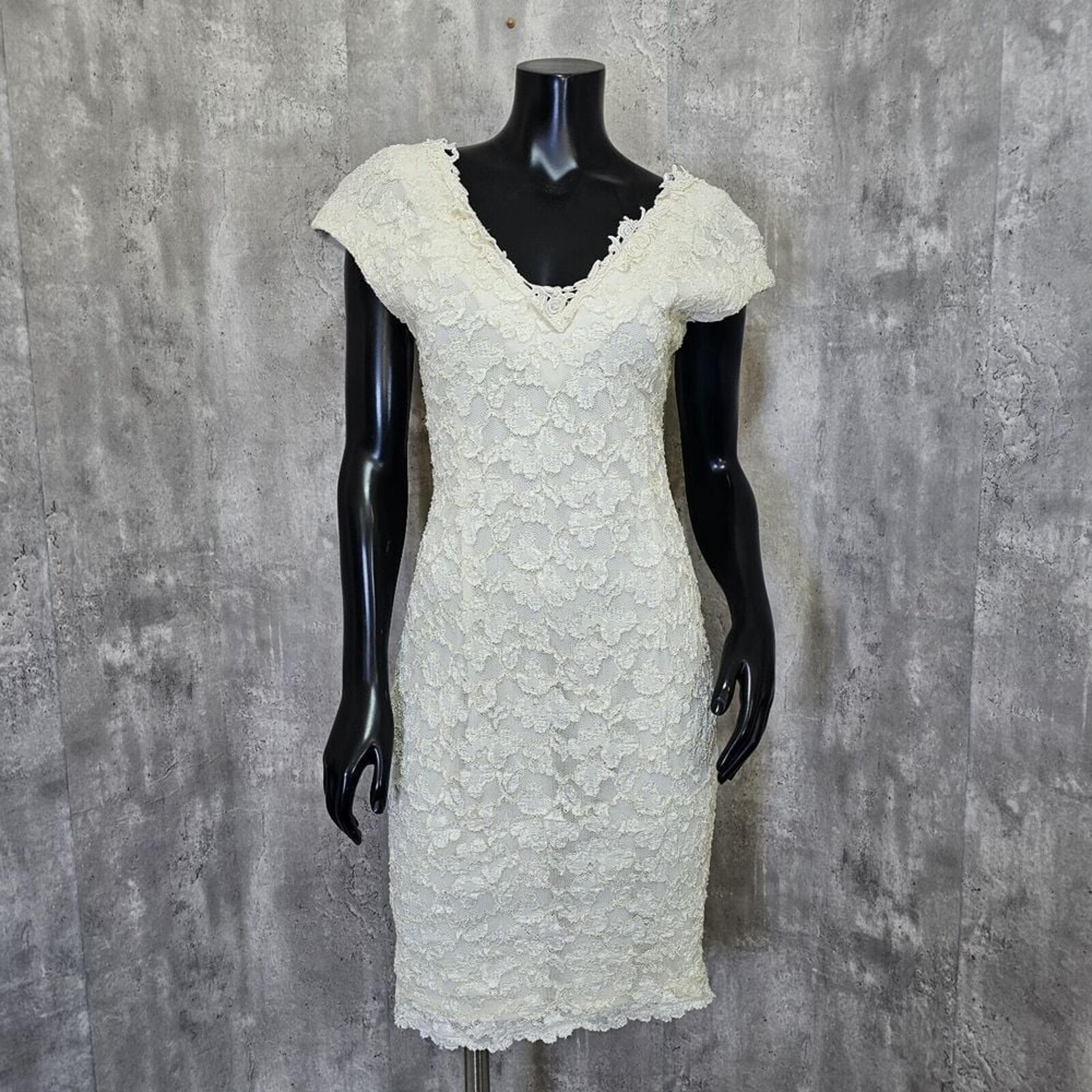 Vintage 80s 90s Molly Malloy Womens M Ivory Lace Wiggle Dress Cocktail Party