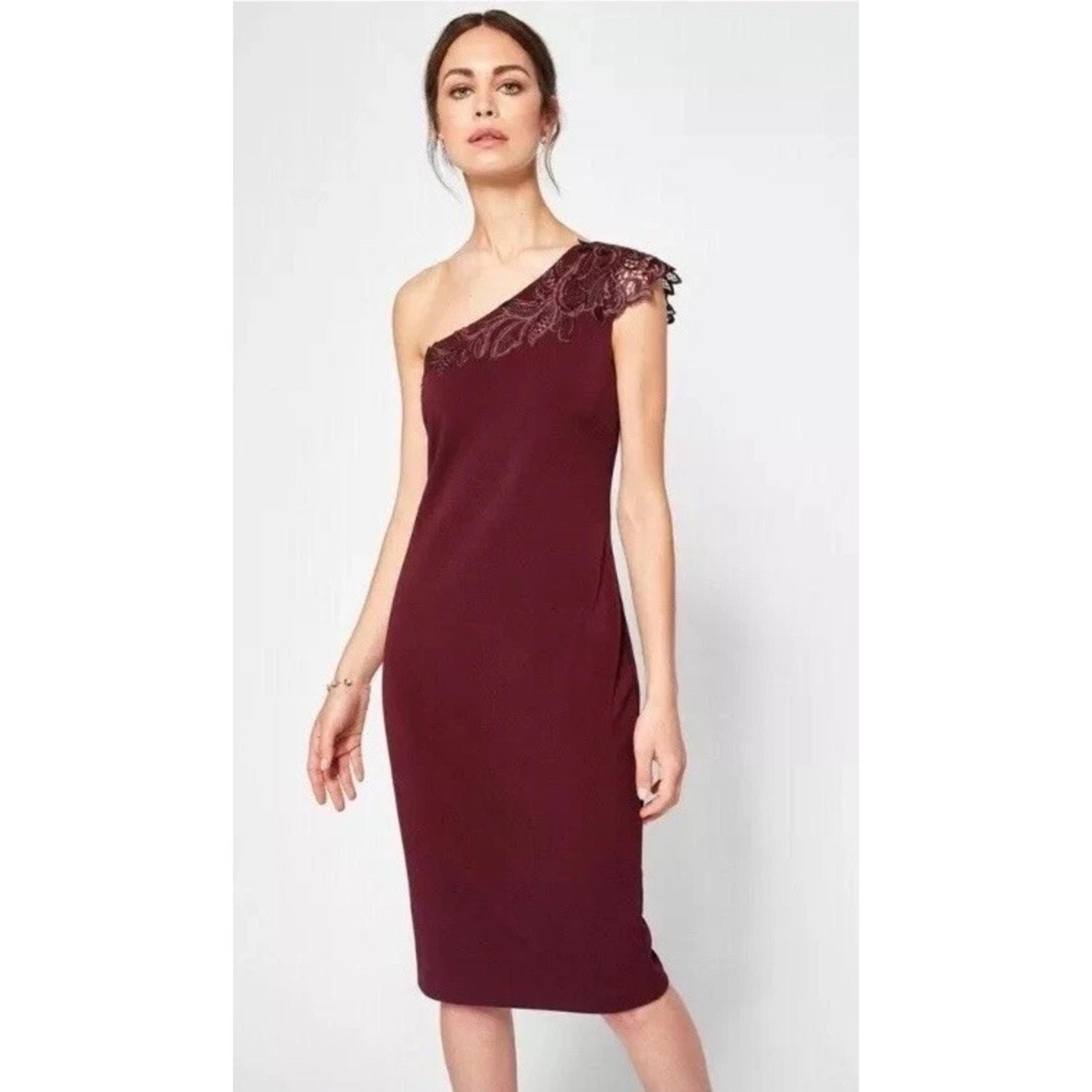 TED BAKER London Jalis Lace One-Shoulder Burgundy Dress Size 5