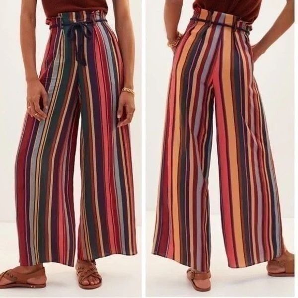 FARM Rio Augustine Striped Wide Leg Pants Belt Anthropologie Size Small