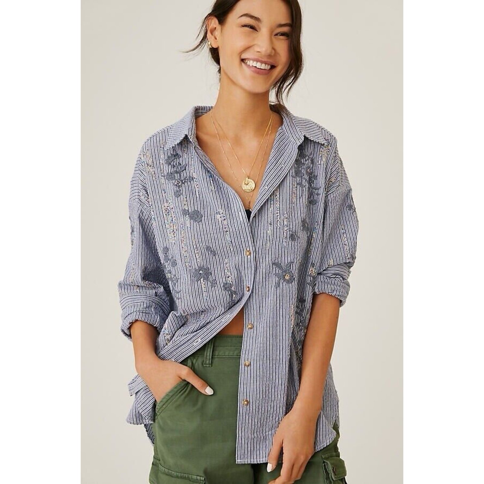 Anthropologie Pilcro Top Button Down Floral Embroidered Beaded Stripes Blue S