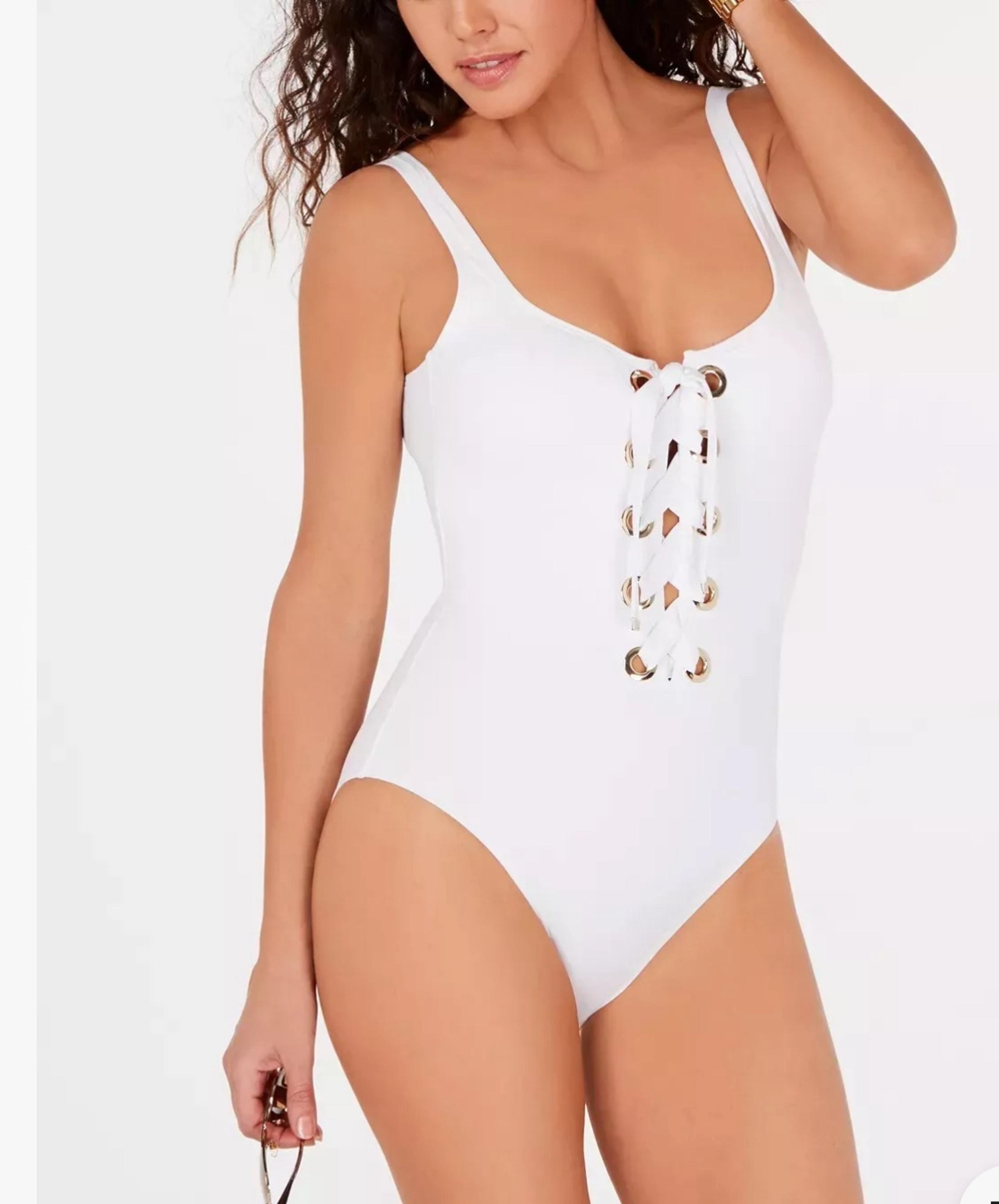 Michael Kors women’s WHITE Lace-up with gold details One-Piece Swimsuit size 8