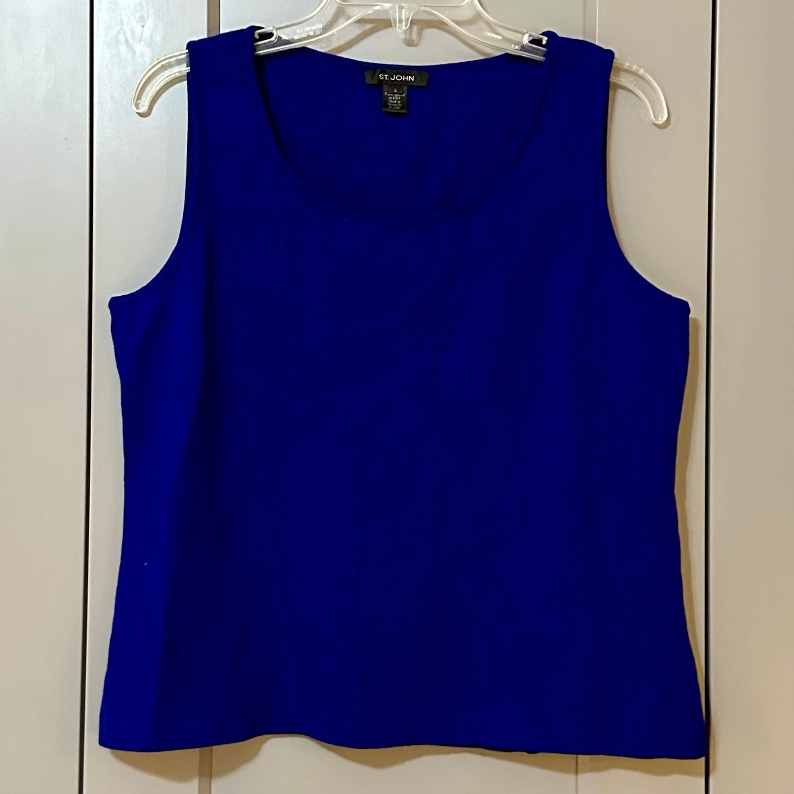 St John Shirt Womens L Knit Blue Sleeveless Pullover Shell Blouse Wool Blend
