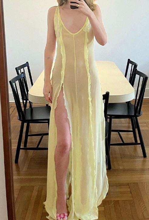 Sexy Mesh See Through Long Dress Fairycore Woman Ruffles Split Dress Y2K Backles