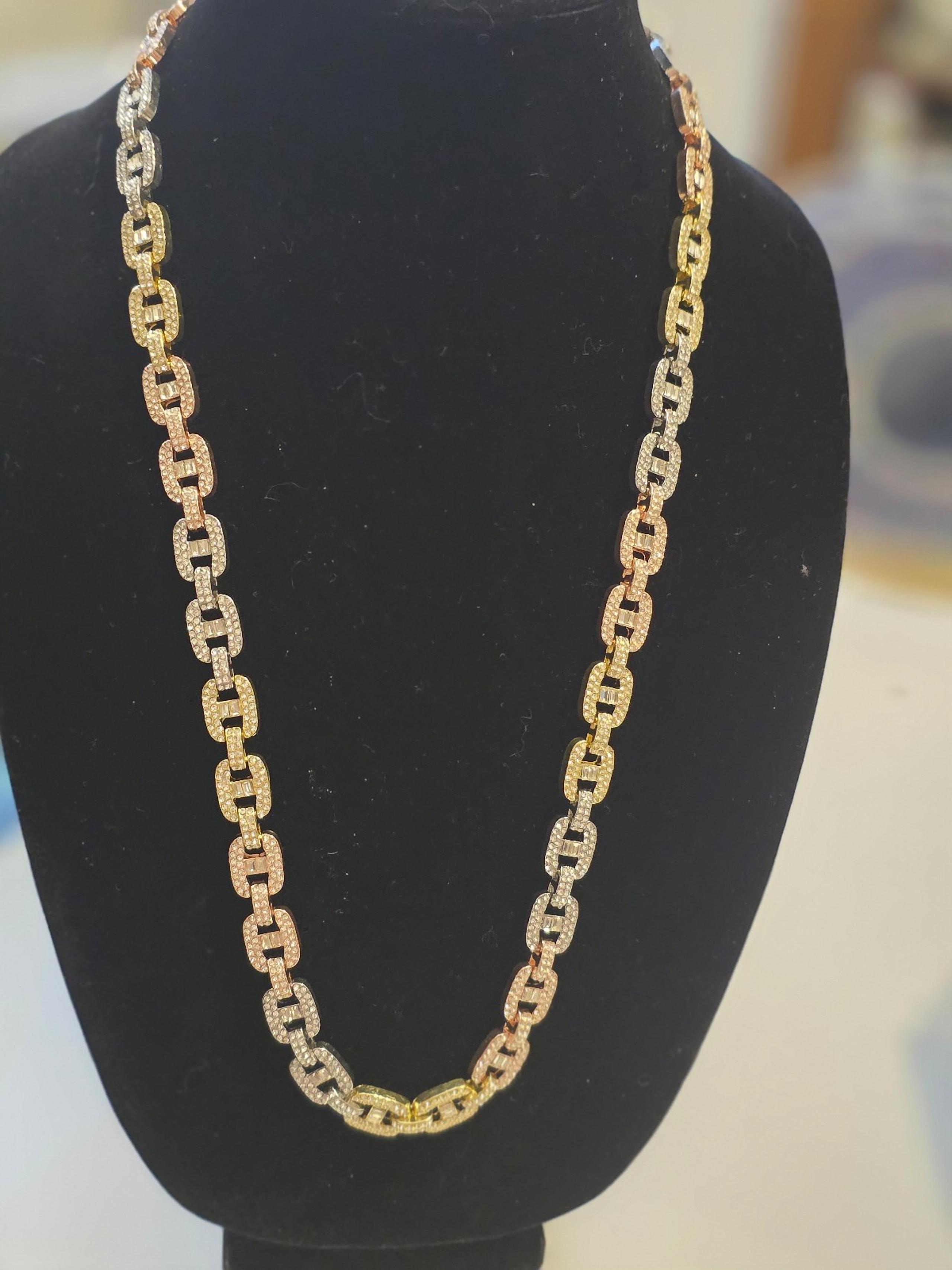 12mm 28" Italian Gold Filled Tri-color Iced Out Mariner Link Chain