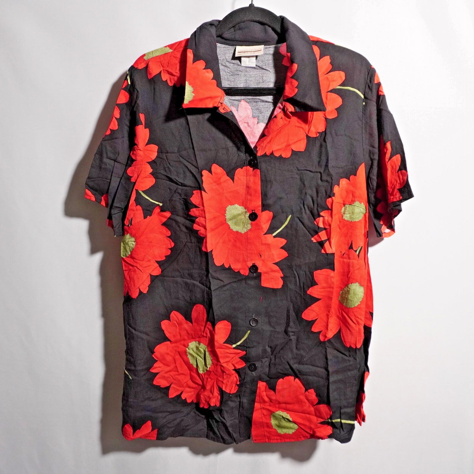 VTG Y2K Black Red Flowers AOP Button Up Top Daisies Rayon Boho Retro Womens 16