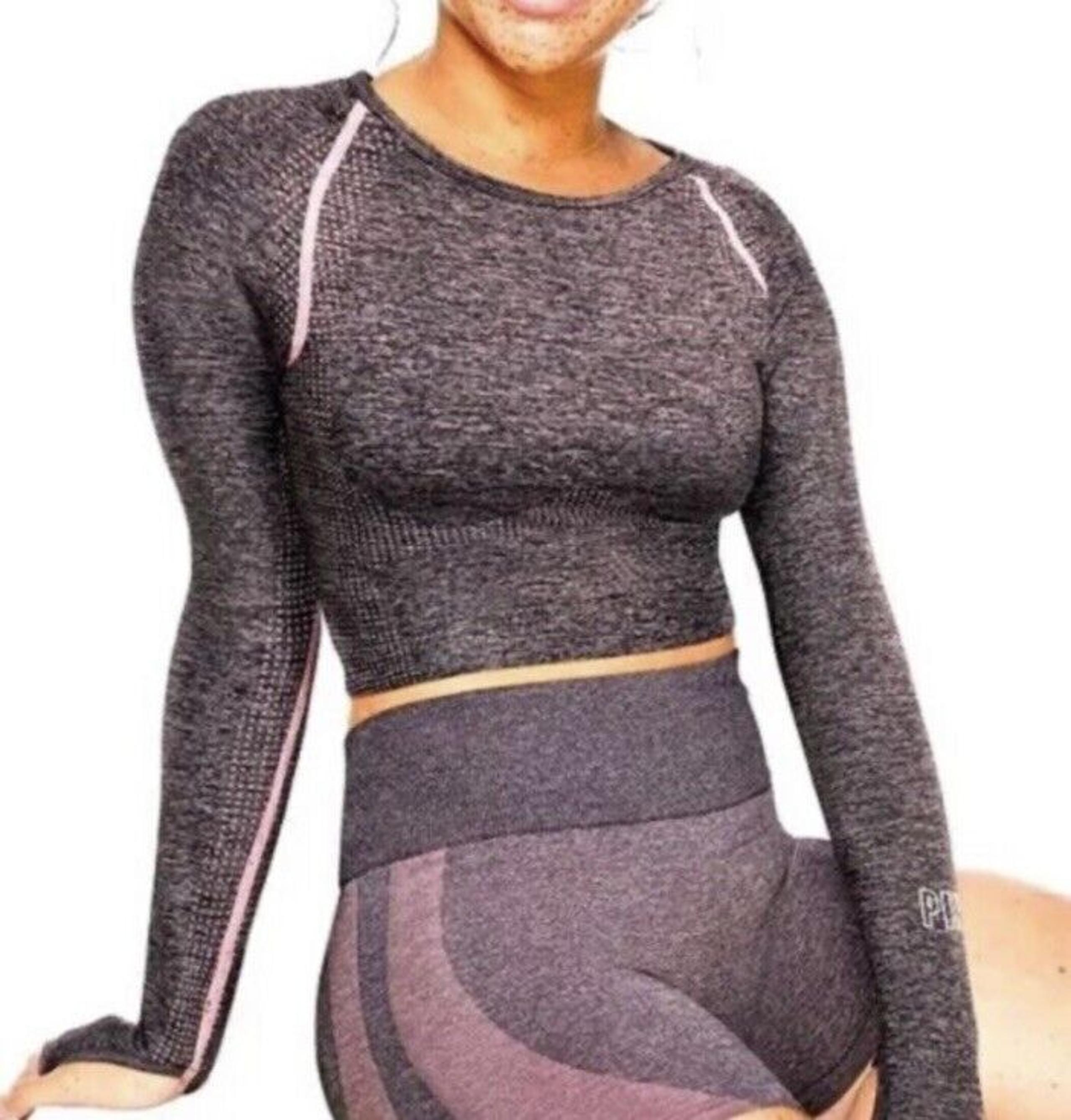 Women Victoria Secret Seamless Workout Crop Top Long Sleeve SMALL Gray - PINK