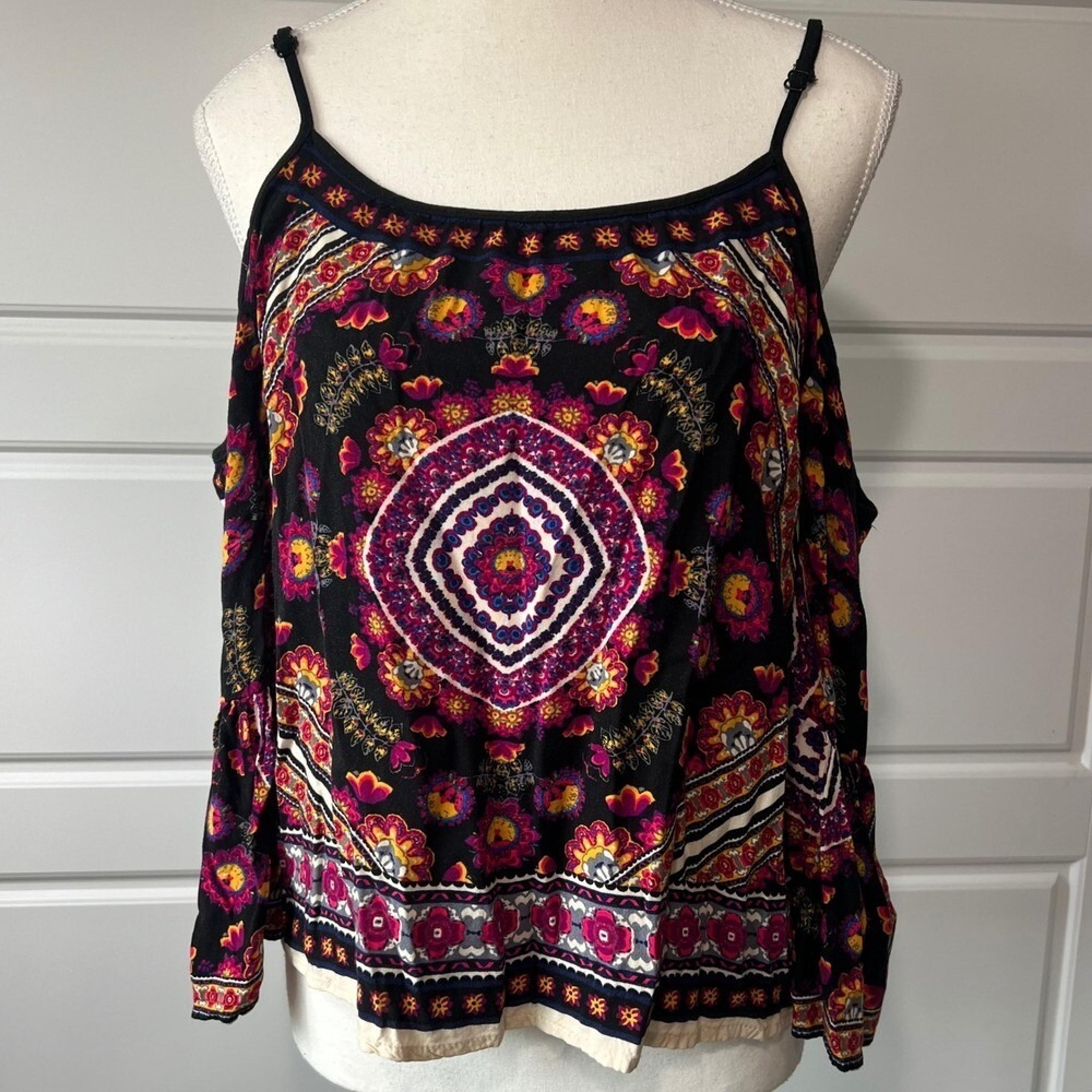 Flying Tomato Cold Shoulder Tank Top Floral Print Bohemian Festival Large