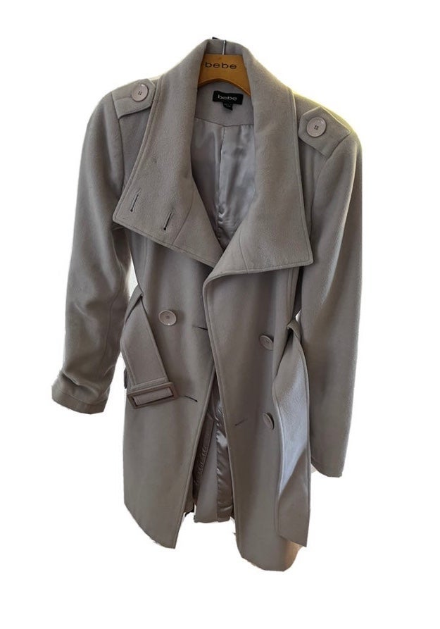 Trench coat. Bebe. Used. Size M. Grey with a hint of lilac color.