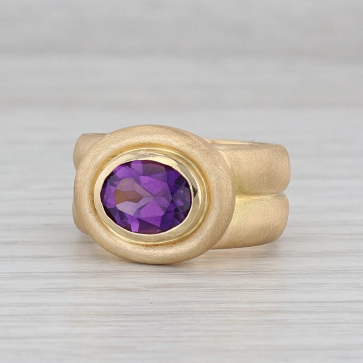 1.50ct Oval Amethyst Solitaire Ring Brushed 18k Yellow Gold Ming's Size 6.25