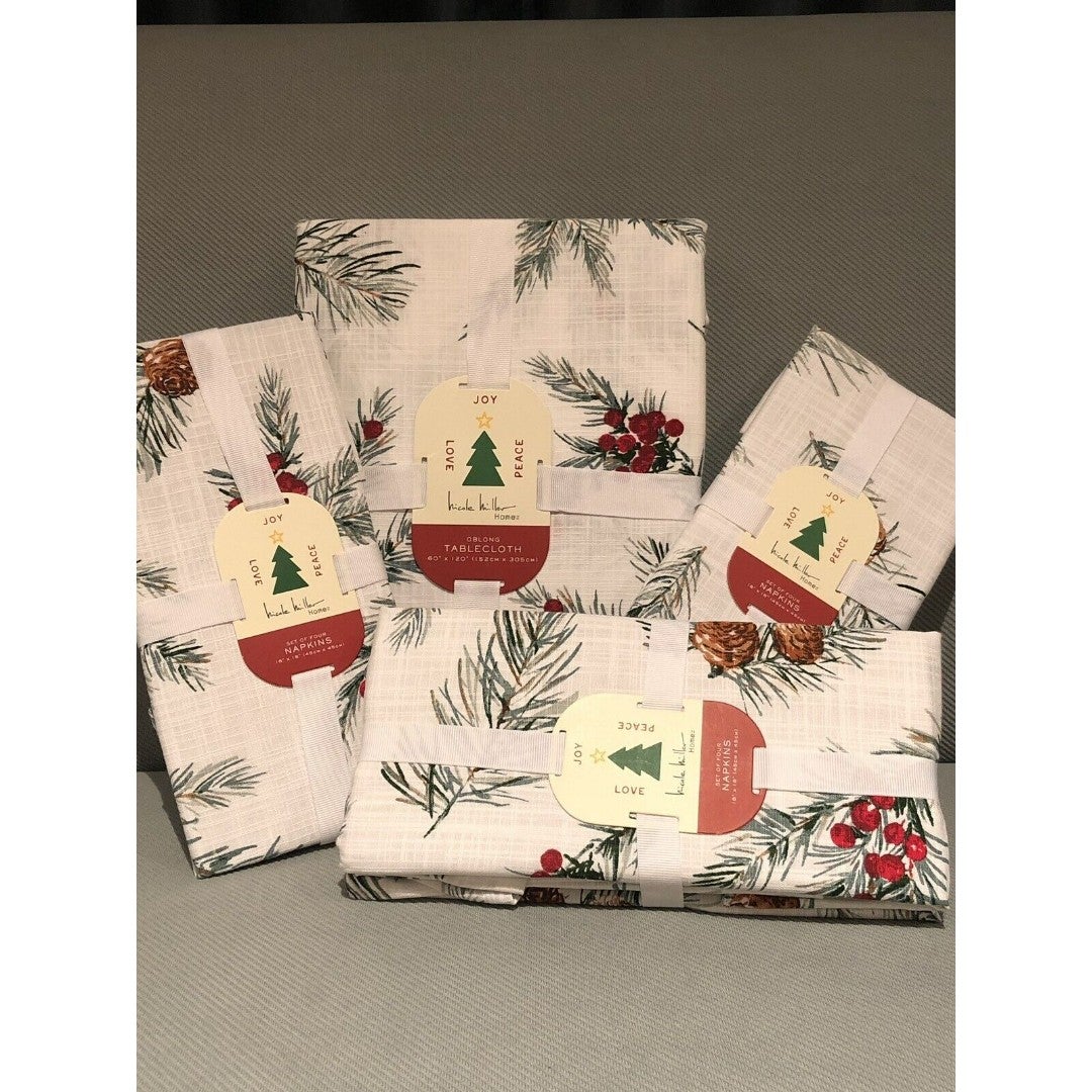 Nicole Miller Holiday Pinecone Berries Tablecloth Christmas 60x120/ 12 Napkins