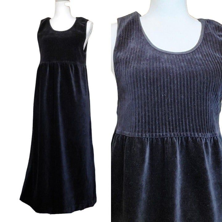 Vintage 90s Black Velour Ribbed Babydoll Midi Dress Sleeveless Layering Small