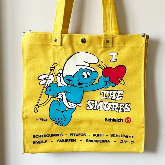Vintage SMURFS Schleich Tote Bag Yellow I Love Smurfs Cupid Peyo Heavy Canvas
