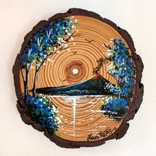 Original Art Painting on Wood Slice La Fortuna Volcano Luis Rojas Costa Rica