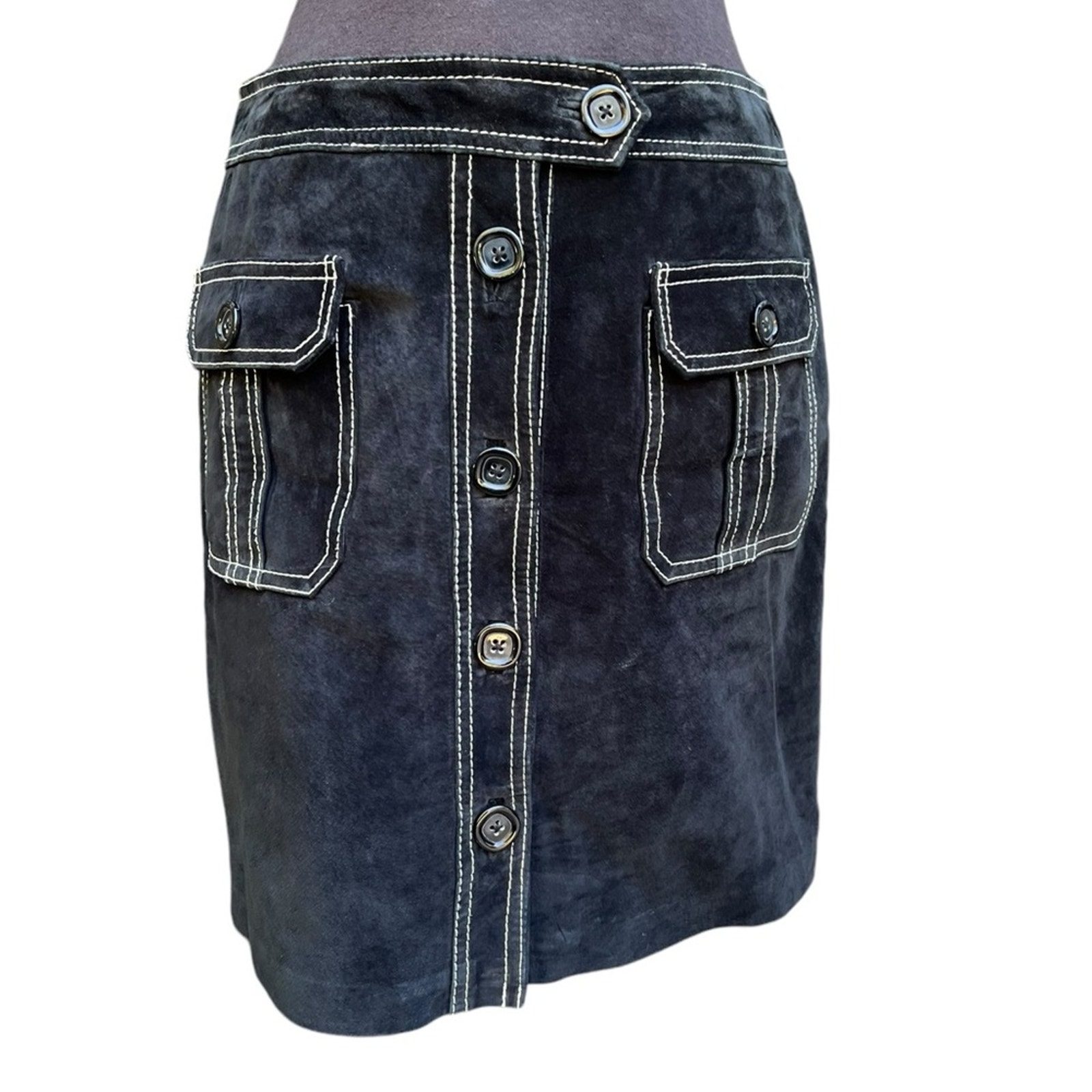 Y2K Suede Mod White Stitching Whimsigoth Edgy Boho Moto Leather Mini Skirt 8
