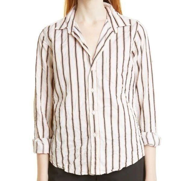 Frank & Eileen Barry Crinkle Cream, Tan & Black Striped Button-Up Shirt, Size XS