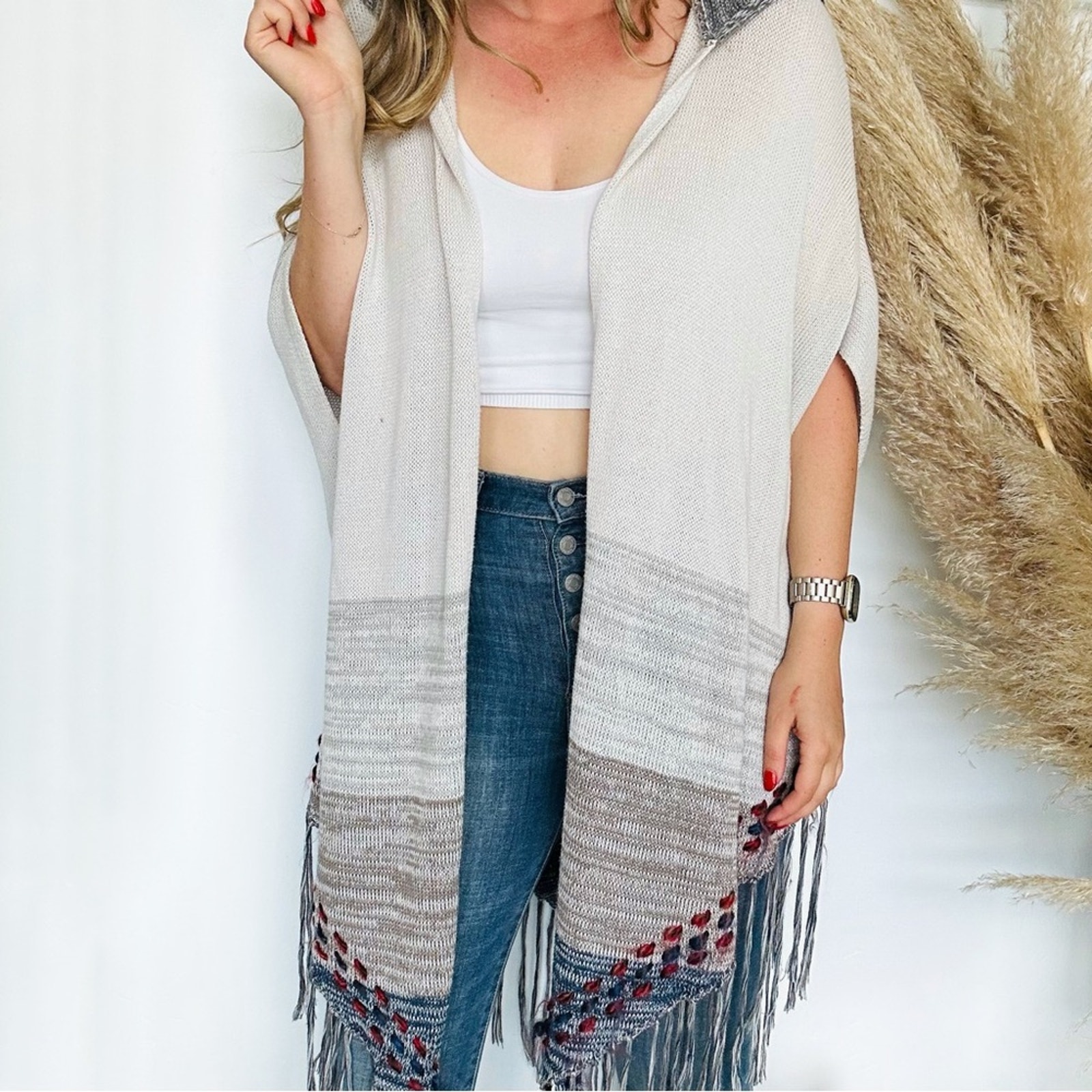 LOVESTITCH Light Grey Cream Red Blue Stripe Hood Poncho Scarf Shawl Wrap Sweater