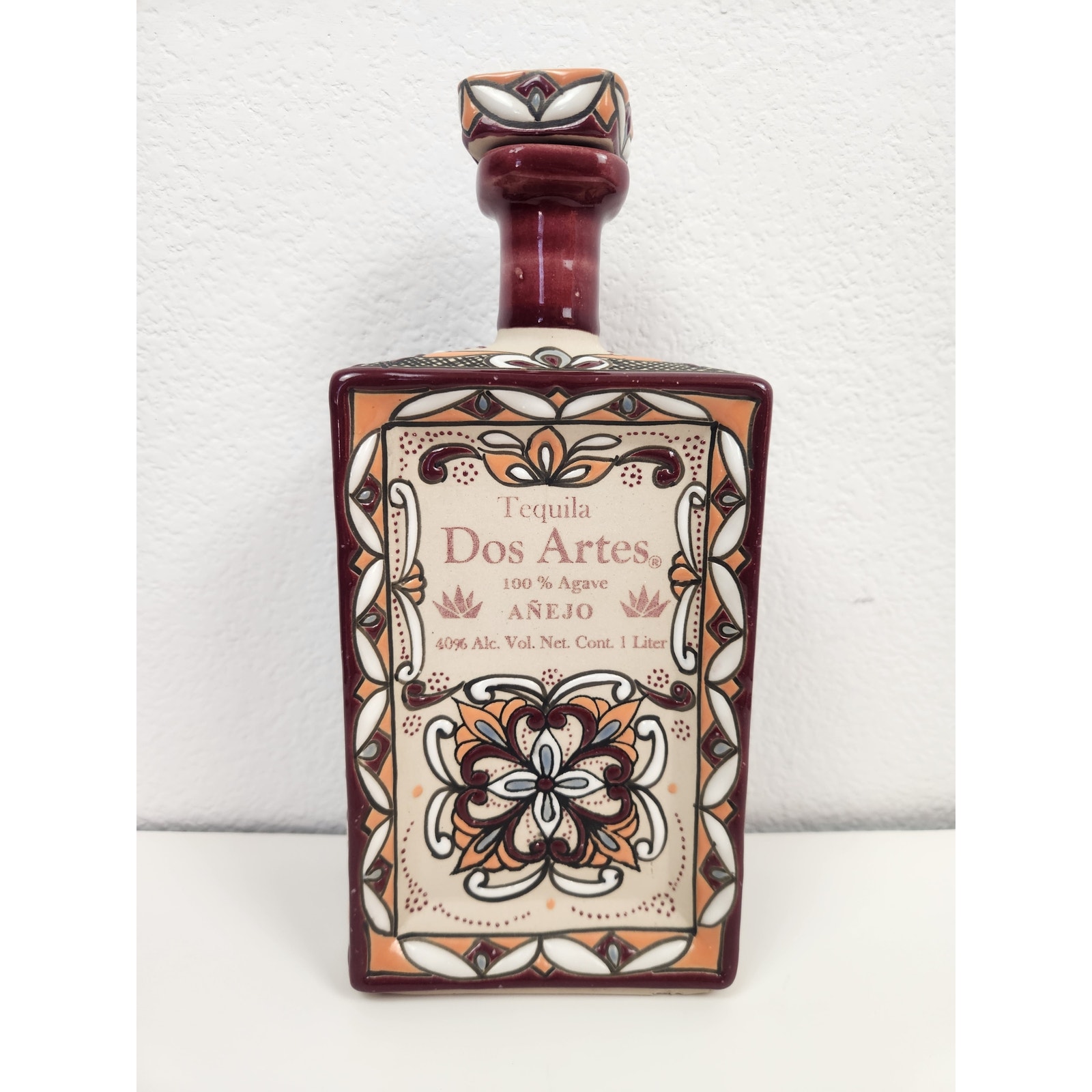 Dos Artes Tequila Empty Bottle Handpainted Ceramic 1 Liter Corkstopper Burgundy