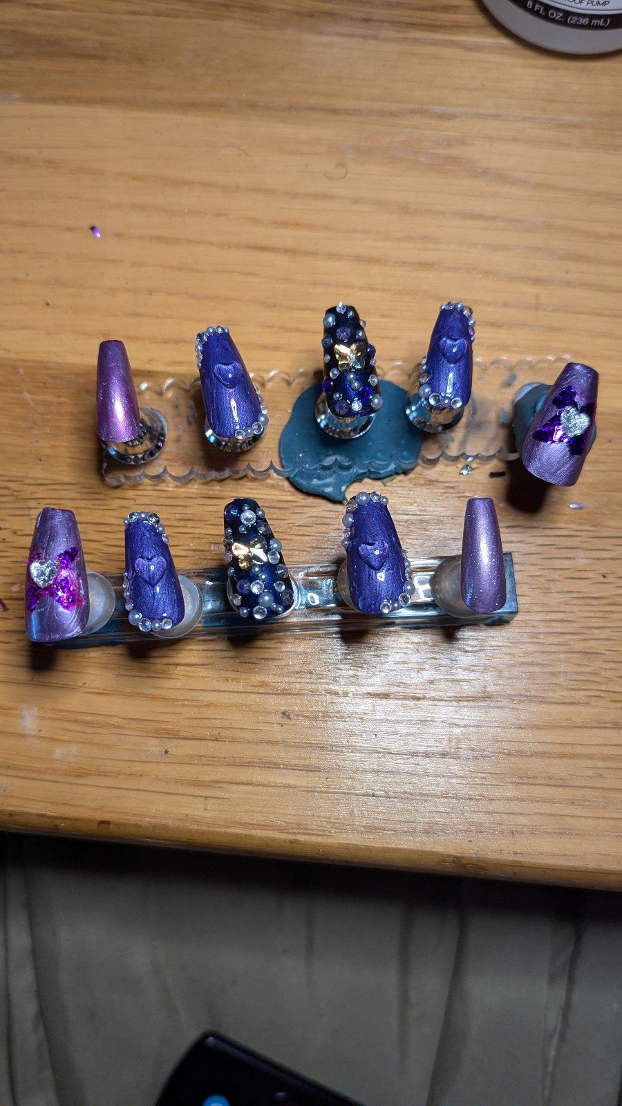 Custom Press On Nails - Purple Heart & Butterflies with pearl and rhinestone