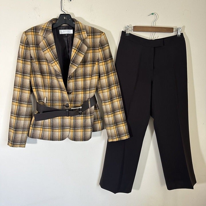 Tahari Pant Suit Womens 6 Brown Yellow Plaid Blazer Pants Office Work Belted