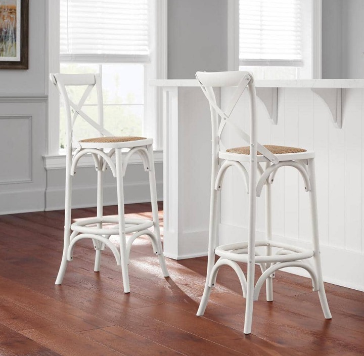 Home Decorators Mavery Ivory Cross Back Wood Bar Stool with Woven Rattan Seat