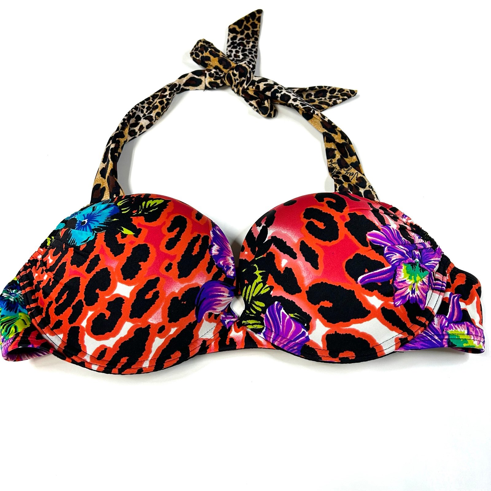 Y2K Victorias Secret 34B Bombshell Bikini Top Floral Leopard 2DG Black Red #2864