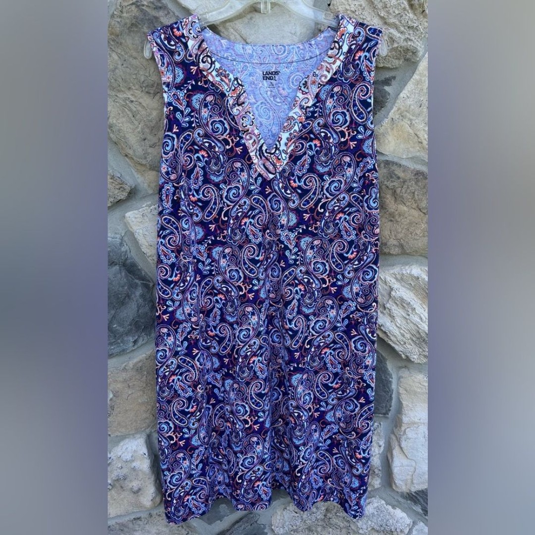 Lands End Casual Dress Size 1X Lightweight Cotton Colorful Paisley Natural Fiber
