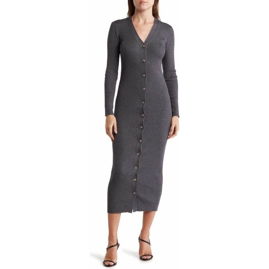 Torn by Ronny Kobo Vianne Gray Button Front Wool Knit Cardigan Sweater Dress M