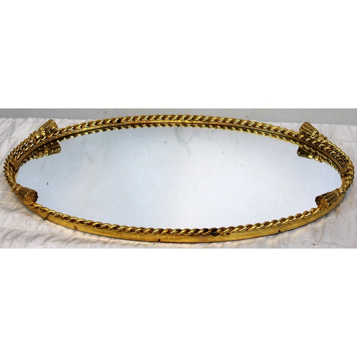 VTG Large Oval Mirror Vanity Tray Gold Tone Metal Rope Tassels Velour Bottom 19