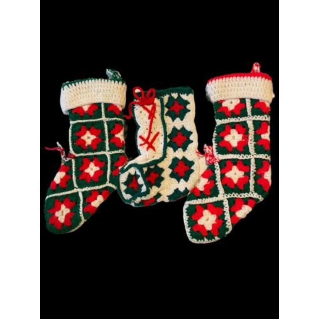 Granny Square Christmas Stockings 11-15 In Tall Vintage Hand Crocheted Lot of 3