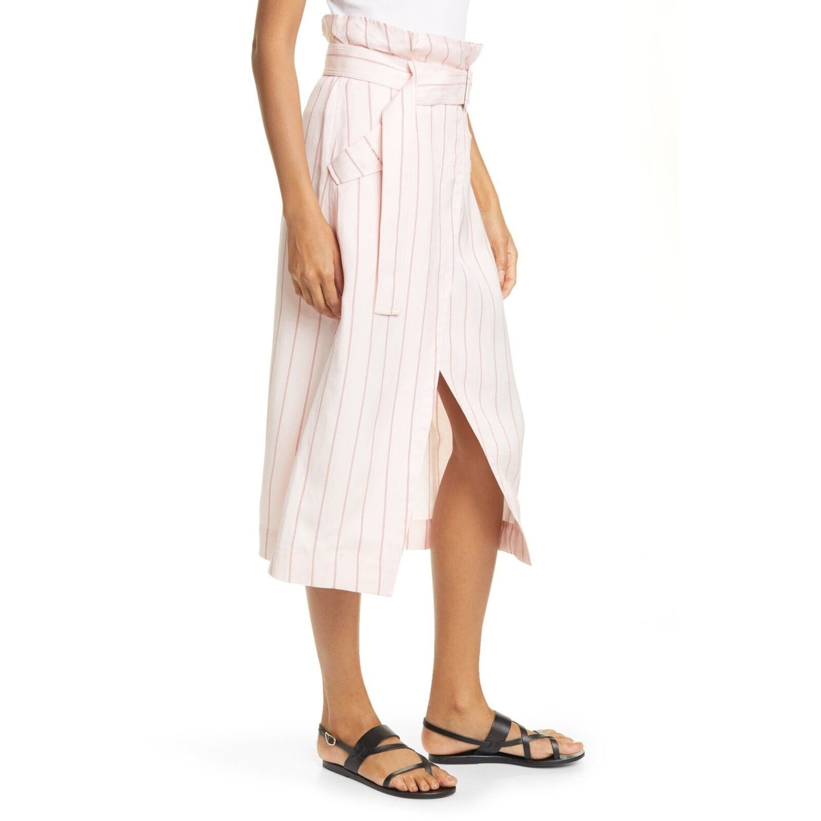 ALC Women's Avril Paperbag Waist Skirt Size 2 Pink Striped Linen Blend